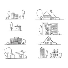 Naklejka premium Vector doodle illustration. Hand drawn set of houses and trees.