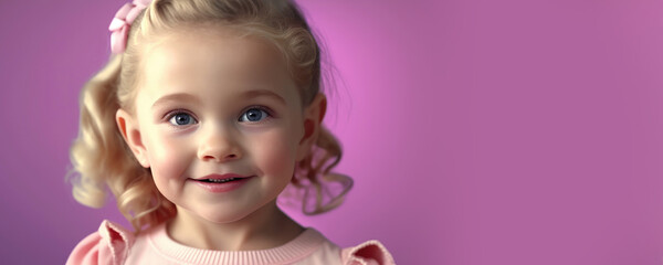 Fototapeta premium A fictional person, Portrait of a beautiful curly blondy girl on pink background, Generative AI