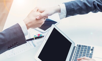 Hand shake, business people at meeting in workplace