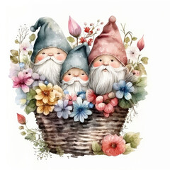 Fototapeta na wymiar Garden gnomes in basket full spring flowers watercolor Generative AI springtime illustration