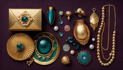  a collection of jewelry on a purple surface with pearls, brooches, and other items.  generative ai