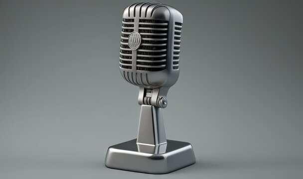  an old fashioned microphone on a stand on a gray background.  generative ai