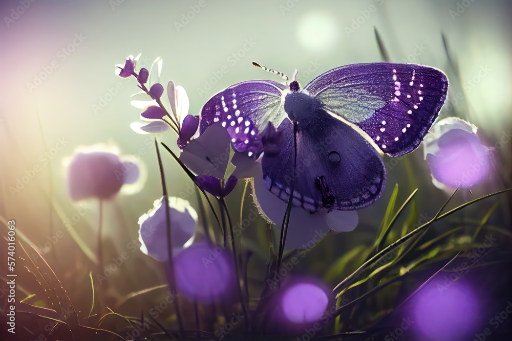 Wall mural Purple butterfly on a background of wild white violet flowers. Created with Generative AI Technology