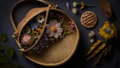  a wicker basket filled with flowers next to a cookie.  generative ai