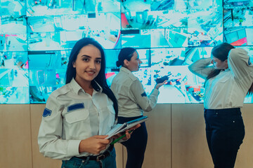 Group portrait of female security operator while working in a data system control room offices...