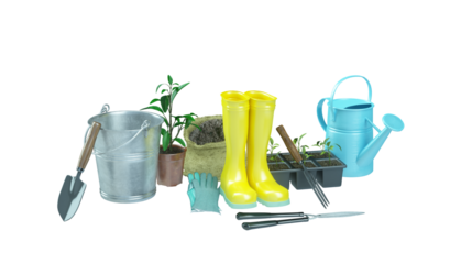 gardening tools and props at sunny day 3d render 