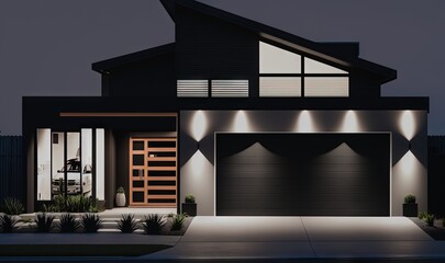  a house with a lit up garage and a large window.  generative ai