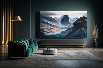Big TV wall screen in modern living room, television set in luxury interior. Generative AI
