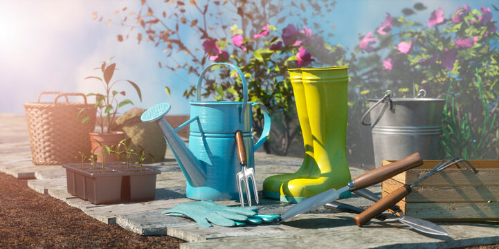 gardening tools and props at sunny day 3d render 