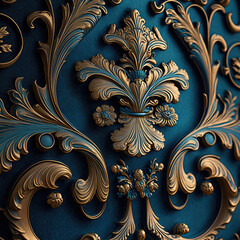 Intricate Silk Screen Design on Blue and Gold Wallpaper Close Up created using generative ai