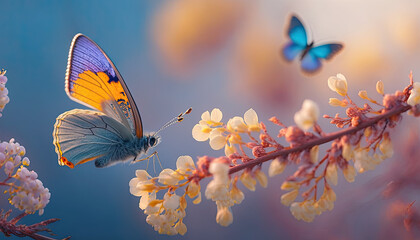 Butterfly in Flight and Flowering Apricot Tree Branch during Spring Sunrise created using generative ai