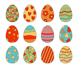 Set of brightly colored Easter eggs in  retro groovy style