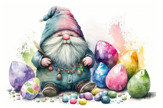 Easter gnome with colored eggs watercolor Generative AI illustration