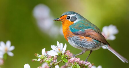 The Beauty of Spring: A Robin Among Blossoms Green Garden generative AI - 574018081