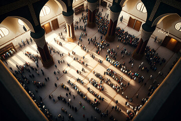 Muslim people praying in mosque.Ramadan.Aerial view.Created with generative ai