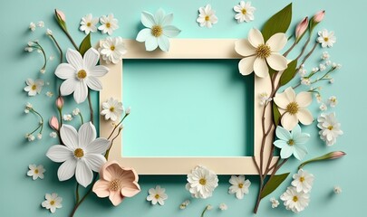  an empty frame surrounded by flowers on a blue background with a place for a text.  generative ai
