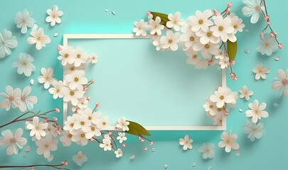  a square frame with white flowers on a blue background with a place for a text.  generative ai