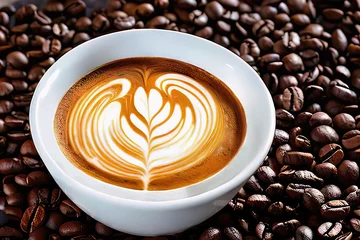 Papier Peint photo Café Café latte com desenho de uma flor sobre os grãos de café
