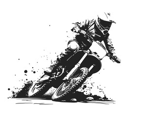 Motocross rider drive on roads full of dirt and mud. Vector line art