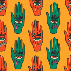 Antique hands with an all-seeing eye. Psychedelic seamless pattern. Hand drawn illustration with hand drawn mystical and occult symbols. The concept of palmistry. Vector illustration.