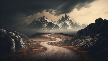 a mountain range with a misty atmosphere and a winding road