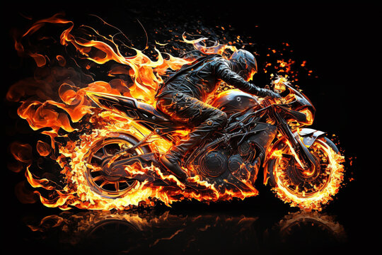 Biker on a motorcycle or motorbike on fire. Rider on a bike or chopper on flames creative concept. Ai generated
