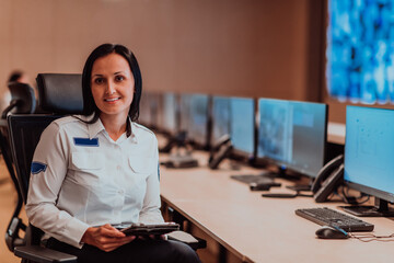 Female security operator working in a data system control room offices Technical Operator Working...