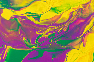 Naklejka na ściany i meble Yellow green purple fluid art, abstract creative trend background. Dynamic lines, movement, burst of emotions, passion, freedom. Form of presentation of websites, booklets, leaflets, business cards