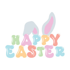 Happy Easter groovy lettering with bunny ears.Positive quote in handwritten retro style