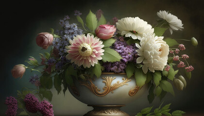 a beautiful bowl with various colorful flowers, decorative