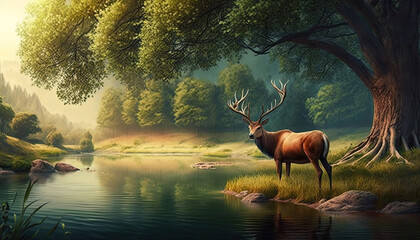 a deer stands by the river, idyllic, forest area