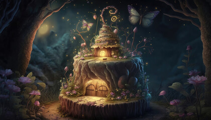 abstract building of little elves, in fairy forest, butterfly