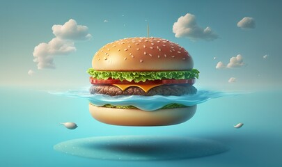Fototapeta na wymiar a hamburger floating in the water with clouds in the background. generative ai