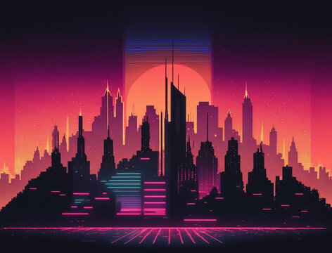 Abstract synthwave retro New York City skyline vibrant background design.