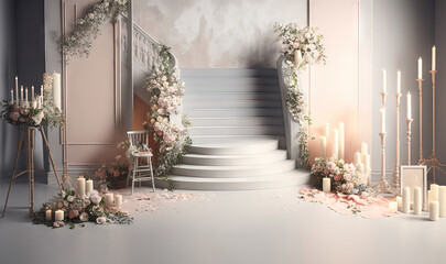 a set of stairs with a bunch of flowers and candles.  generative ai - obrazy, fototapety, plakaty