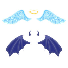 Vector angel and daemon wings set. Leathery wings of devil and angel fiends flying wide open with halo and horns and claws. Hand drawn Halloween festival holiday isolated illustration