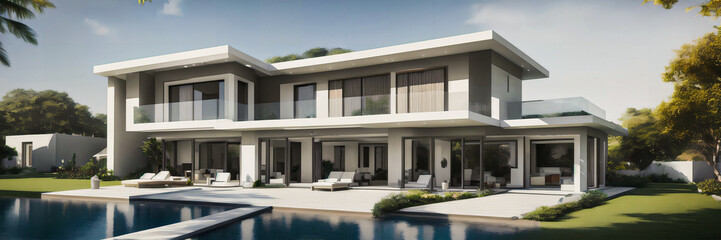Fototapeta na wymiar Modern Real Estate villa with pool panoramic view