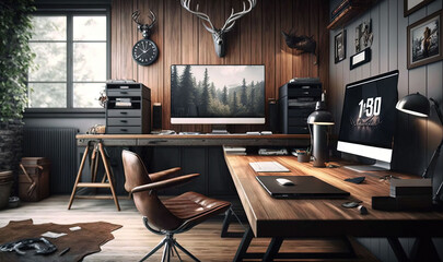  a computer desk with a monitor and a printer on it.  generative ai