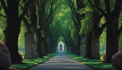  a painting of a tree lined road with a gate in the middle.  generative ai