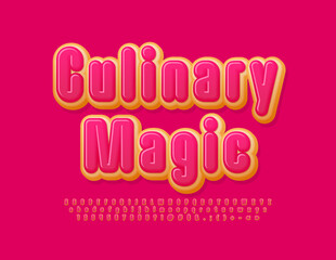 Vector delicious sign Culinary Magic. Pink glazed Alphabet letters, Numbers and Symbols set. Sweet cake Font