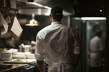 Restaurant Chef,from back view, prepares food, restaurant kitchen. Generative AI.