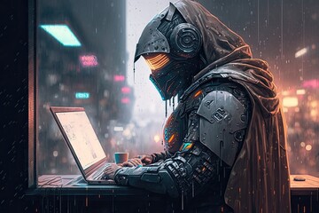 hacker robot working with laptop, raining city, neon lights, cyberpunk style. Generative AI.