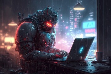 hacker robot working with laptop, raining city, neon lights, cyberpunk style. Generative AI.
