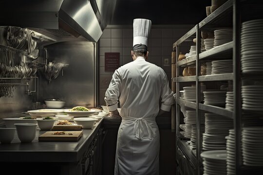 Restaurant Chef,from back view, prepares food, restaurant kitchen. Generative AI.