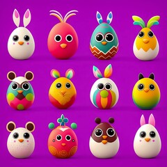 Fototapeta premium Purple Passion: Cute Animal-Shaped Eggs on a Vibrant Purple Background for Easter - AI Generated
