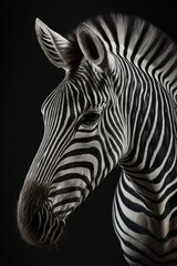  a close up of a zebra's head on a black background.  generative ai