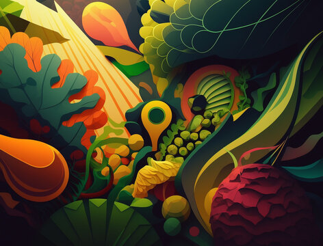 Abstract vegetable-filled background illustration that's perfect for design or advertising projects with a focus on health, nutrition, or fresh produce. The image features a variety of fresh vegetable