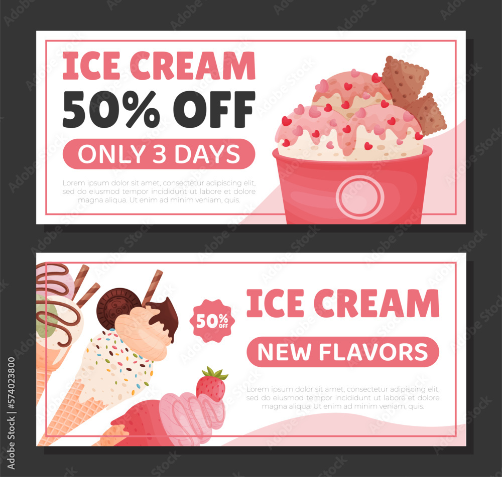 Poster tasty ice cream banner design with frozen dessert in waffle cone and cup vector template