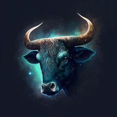 Taurus Horoscope Head. Ai Generated Illustration. Outer Space Background. Lunar Zodiac.