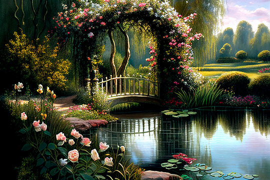 Beautiful Victorian Garden With Rose Bush And Bridge Over Pond With Water Lilies. Fantasy English Countryside Landscape.